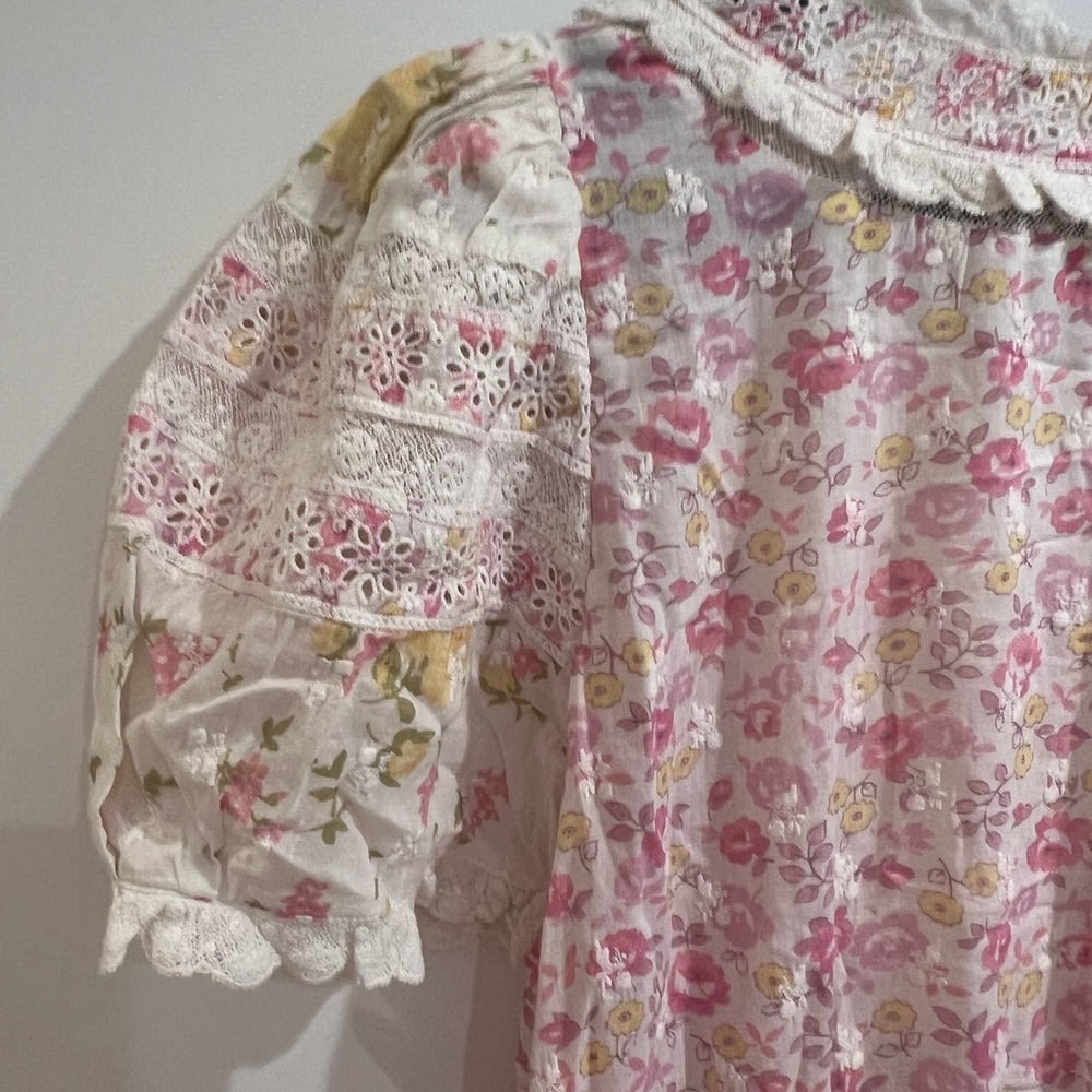 LoveShackFancy Belen Floral Eyelet Mini Dress | Size 8 Pink Yellow Floral - Picture 6 of 9
